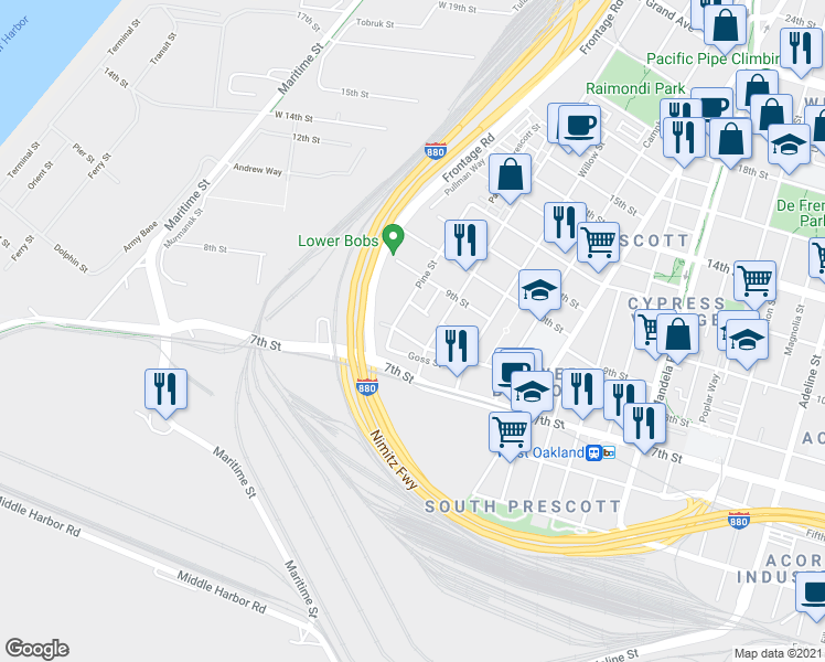 map of restaurants, bars, coffee shops, grocery stores, and more near 1779 Chase Street in Oakland