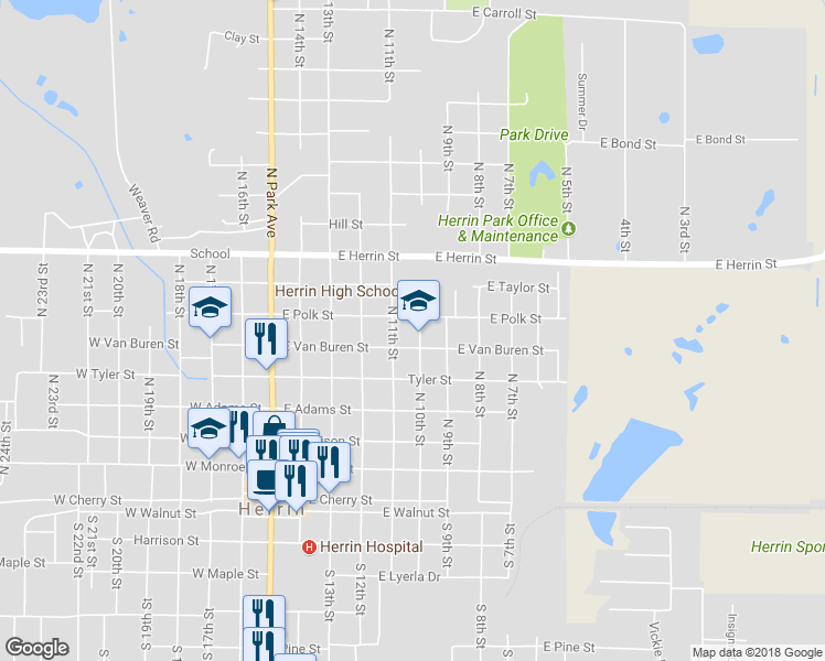 map of restaurants, bars, coffee shops, grocery stores, and more near 613 North 10th Street in Herrin