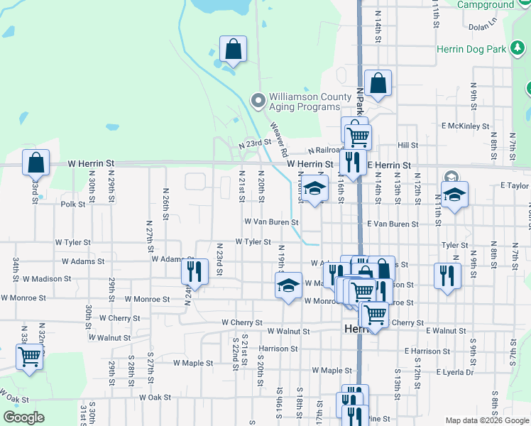 map of restaurants, bars, coffee shops, grocery stores, and more near 608 North 20th Street in Herrin
