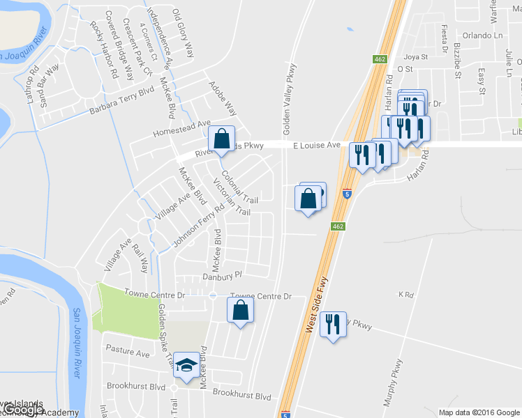 map of restaurants, bars, coffee shops, grocery stores, and more near 295 Victorian Trail in Lathrop