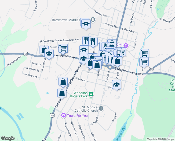 map of restaurants, bars, coffee shops, grocery stores, and more near 300-398 W John Fitch Ave in Bardstown
