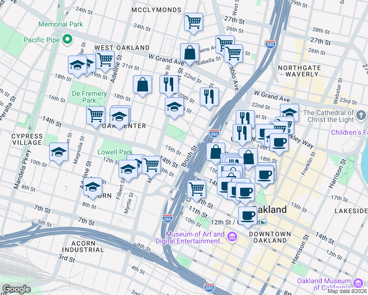 map of restaurants, bars, coffee shops, grocery stores, and more near in Oakland