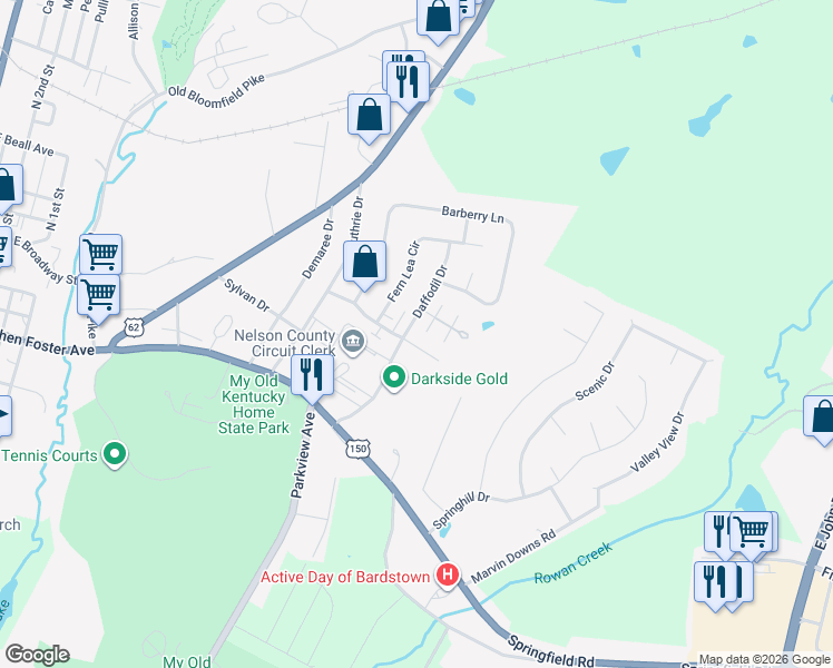 map of restaurants, bars, coffee shops, grocery stores, and more near 104 Daffodil Drive in Bardstown