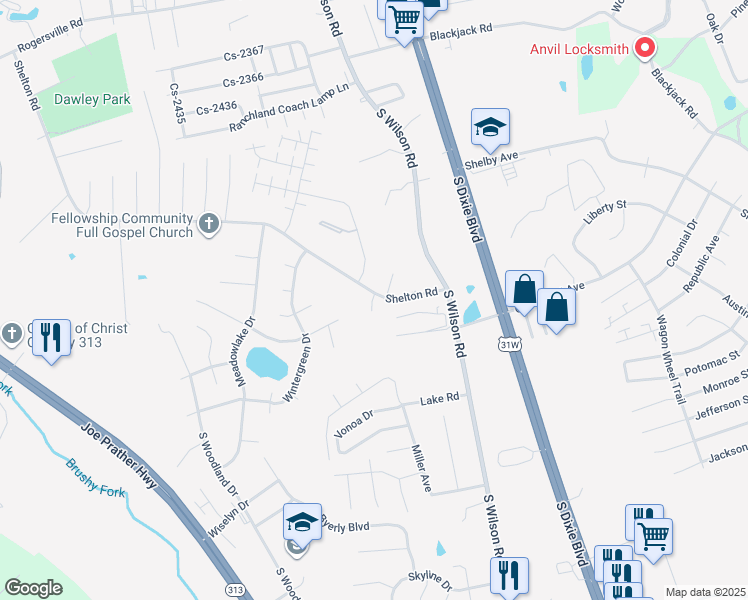 map of restaurants, bars, coffee shops, grocery stores, and more near 100 Shelton Road in Radcliff