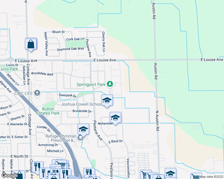 map of restaurants, bars, coffee shops, grocery stores, and more near 950 Granite Lane in Manteca