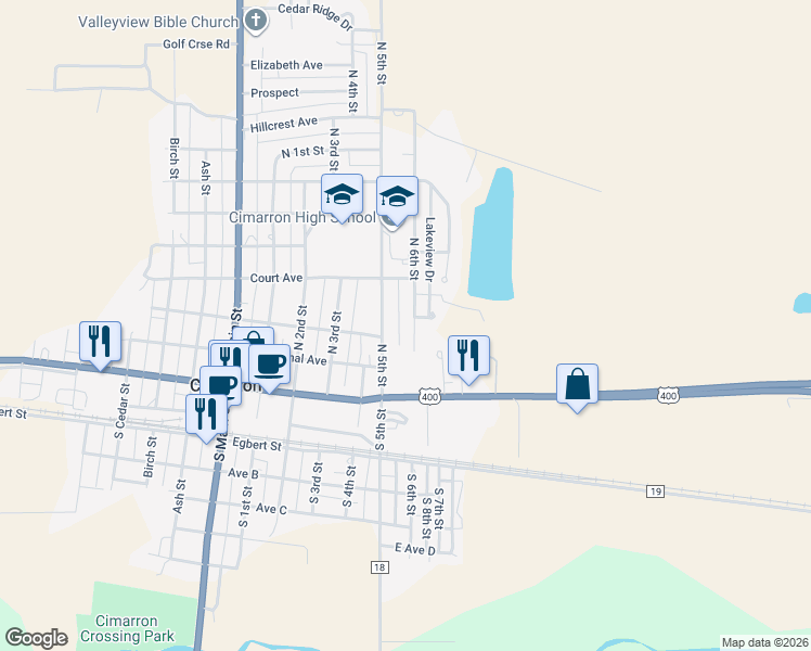 map of restaurants, bars, coffee shops, grocery stores, and more near 301 North 6th Street in Cimarron