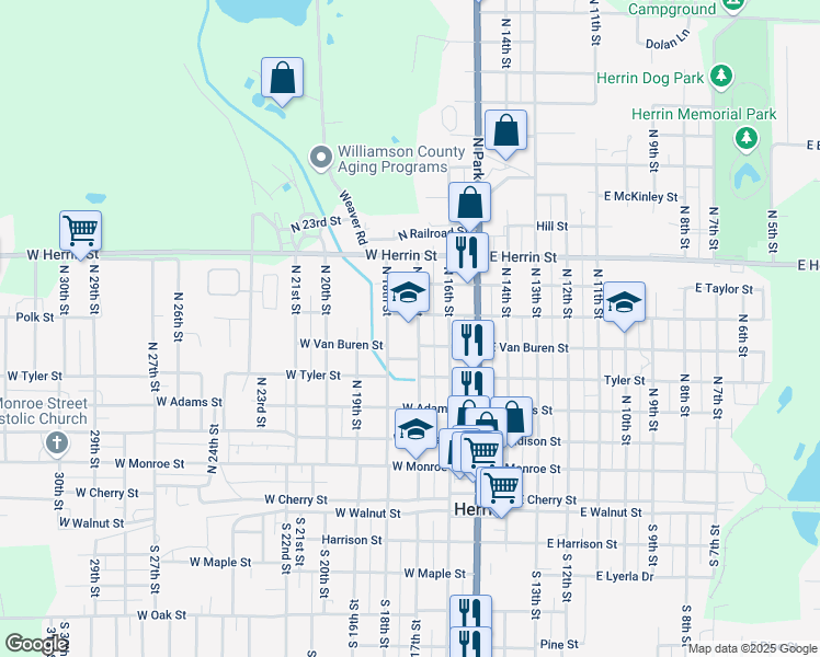 map of restaurants, bars, coffee shops, grocery stores, and more near 601 North 17th Street in Herrin