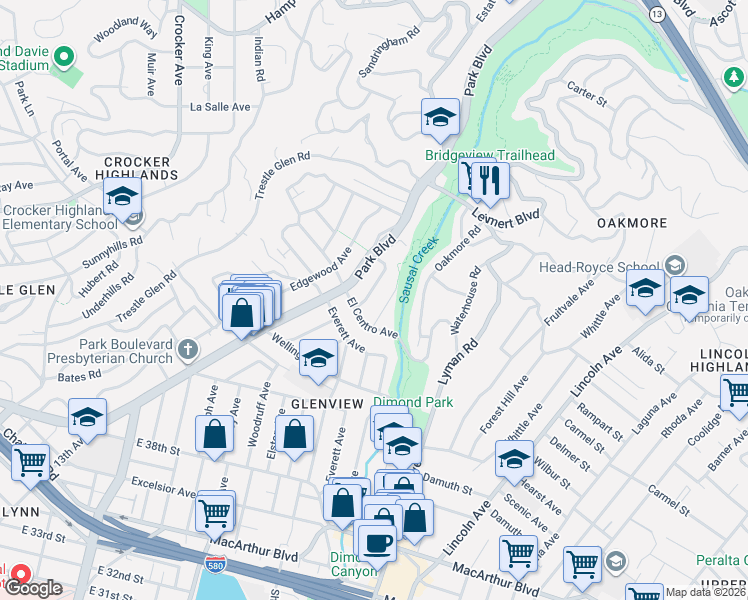 map of restaurants, bars, coffee shops, grocery stores, and more near 4634 Dolores Avenue in Oakland
