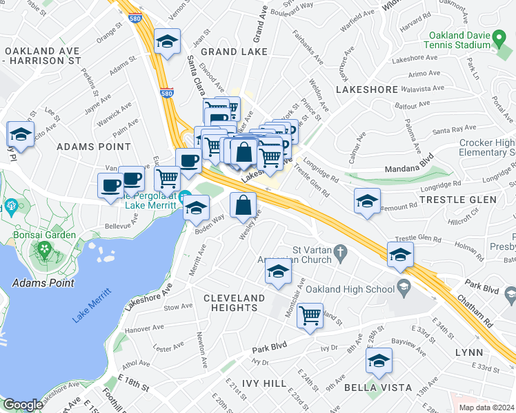 map of restaurants, bars, coffee shops, grocery stores, and more near 585 MacArthur Boulevard in Oakland