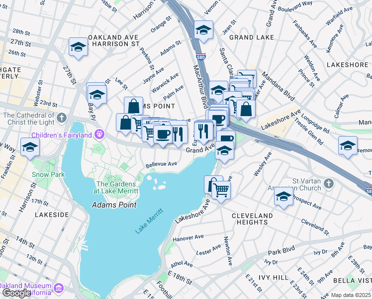 map of restaurants, bars, coffee shops, grocery stores, and more near 440 Grand Avenue in Oakland