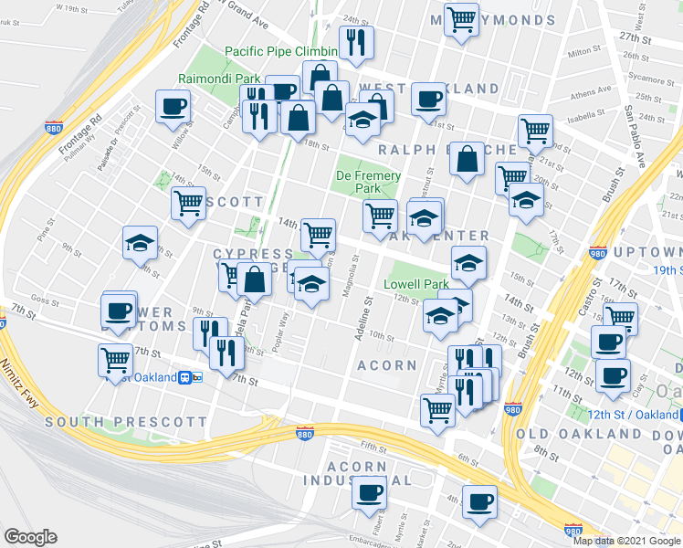 map of restaurants, bars, coffee shops, grocery stores, and more near 1230 Magnolia Street in Oakland
