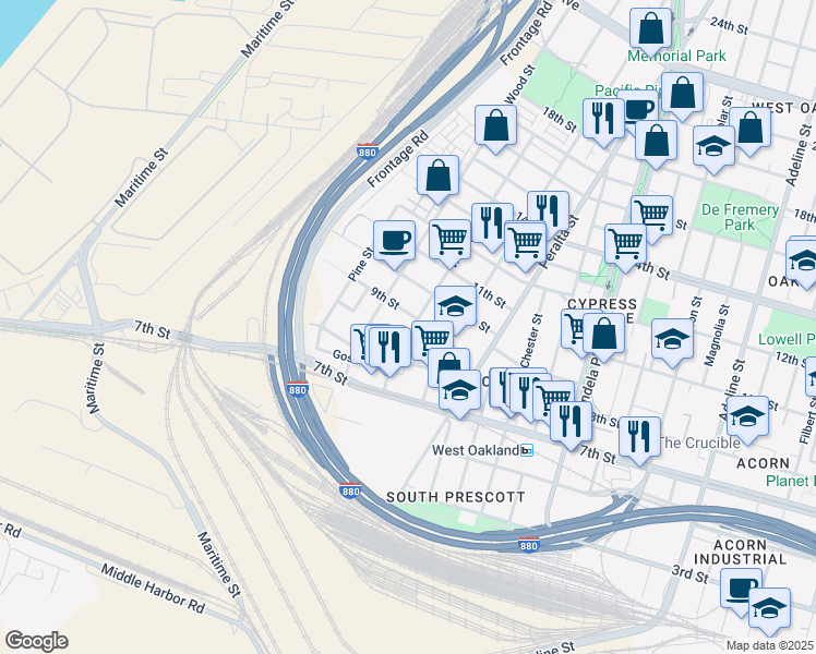 map of restaurants, bars, coffee shops, grocery stores, and more near 900 Willow Street in Oakland