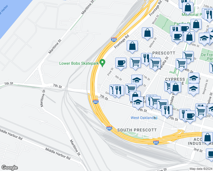 map of restaurants, bars, coffee shops, grocery stores, and more near 1779 Chase Street in Oakland
