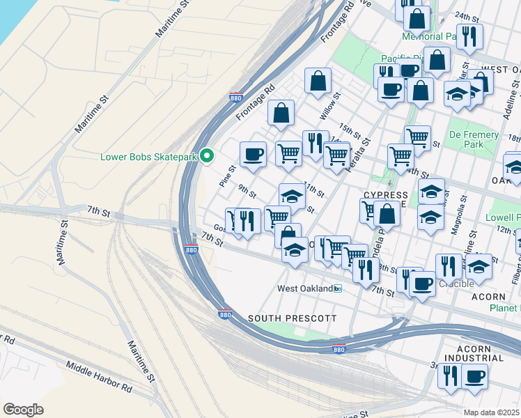 map of restaurants, bars, coffee shops, grocery stores, and more near 877 Willow Street in Oakland