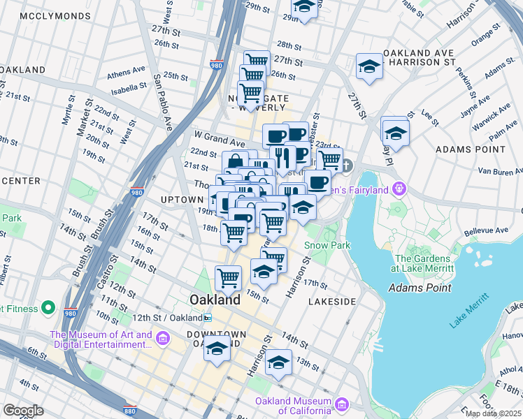 map of restaurants, bars, coffee shops, grocery stores, and more near 1970 Broadway in Oakland