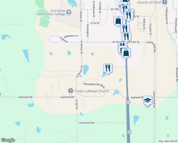 map of restaurants, bars, coffee shops, grocery stores, and more near 2801 South Horton Street in Fort Scott