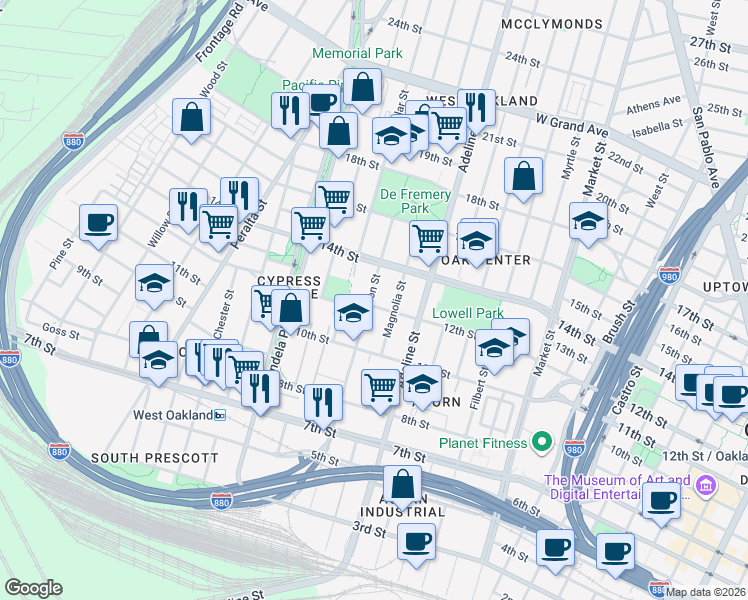 map of restaurants, bars, coffee shops, grocery stores, and more near 1267 14th Street in Oakland