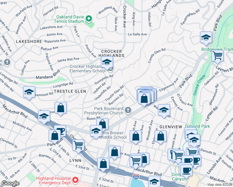 map of restaurants, bars, coffee shops, grocery stores, and more near 1415 Trestle Glen Road in Oakland