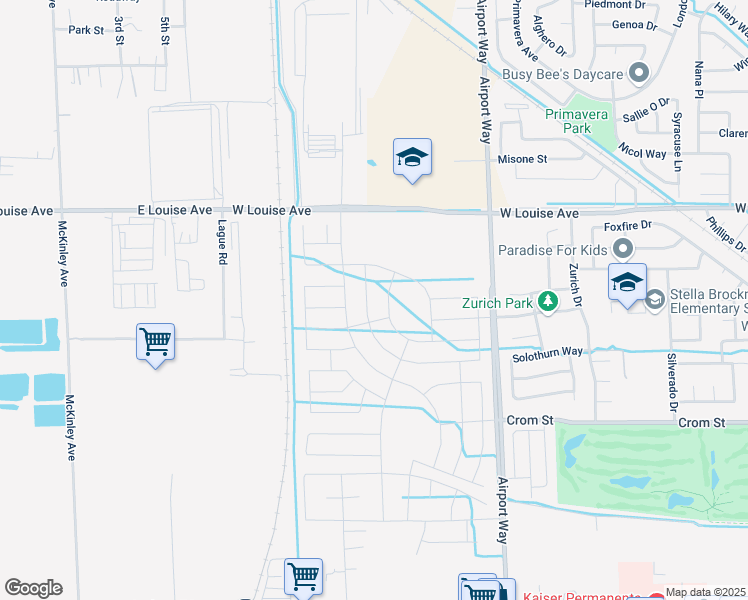 map of restaurants, bars, coffee shops, grocery stores, and more near 2490 West Louise Avenue in Manteca