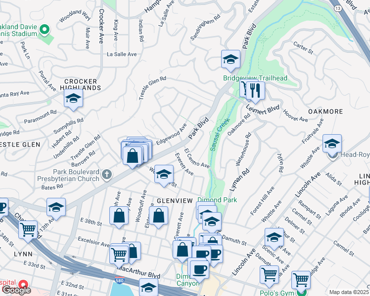 map of restaurants, bars, coffee shops, grocery stores, and more near 4547 Park Boulevard in Oakland