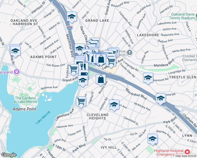 map of restaurants, bars, coffee shops, grocery stores, and more near in Oakland