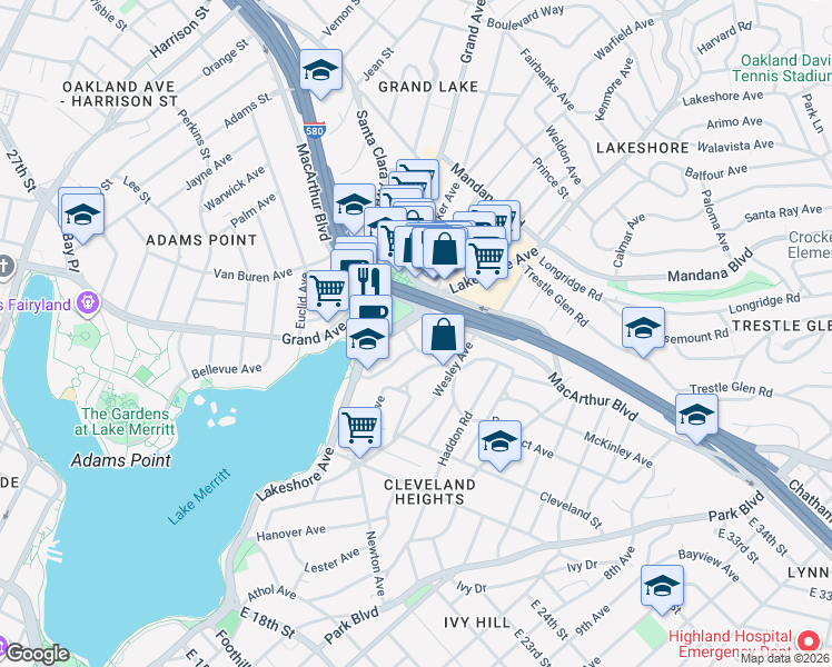 map of restaurants, bars, coffee shops, grocery stores, and more near in Oakland