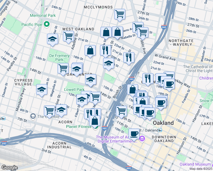 map of restaurants, bars, coffee shops, grocery stores, and more near 1520 Market Street in Oakland