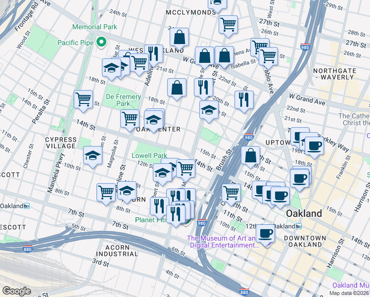 map of restaurants, bars, coffee shops, grocery stores, and more near 1414 Myrtle Street in Oakland