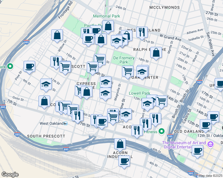 map of restaurants, bars, coffee shops, grocery stores, and more near 1267 14th Street in Oakland