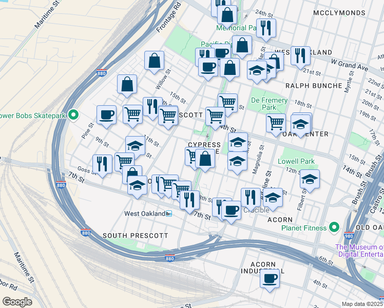 map of restaurants, bars, coffee shops, grocery stores, and more near 1120 Center Street in Oakland