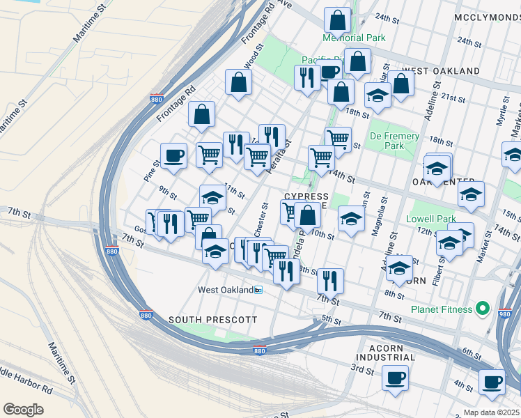 map of restaurants, bars, coffee shops, grocery stores, and more near 1033 Chester Street in Oakland