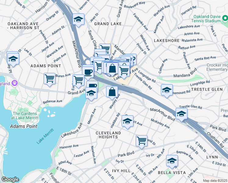 map of restaurants, bars, coffee shops, grocery stores, and more near 585 MacArthur Boulevard in Oakland