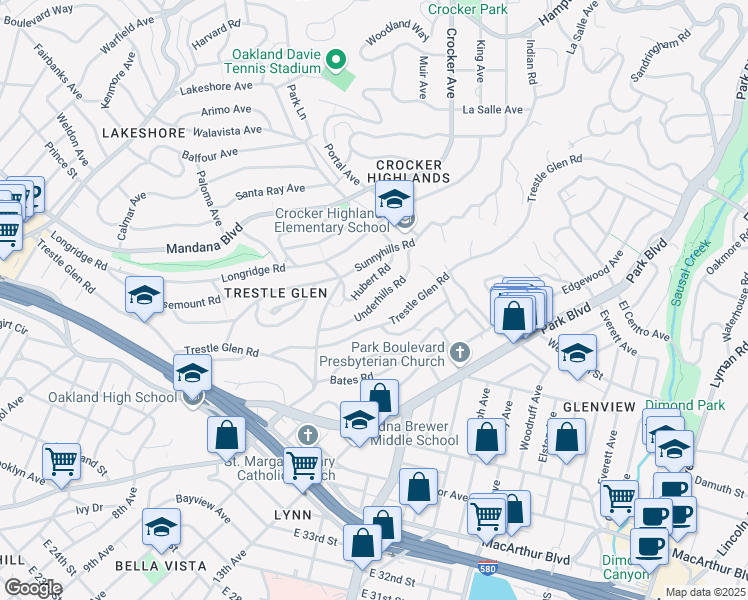 map of restaurants, bars, coffee shops, grocery stores, and more near 1006 Underhills Road in Oakland