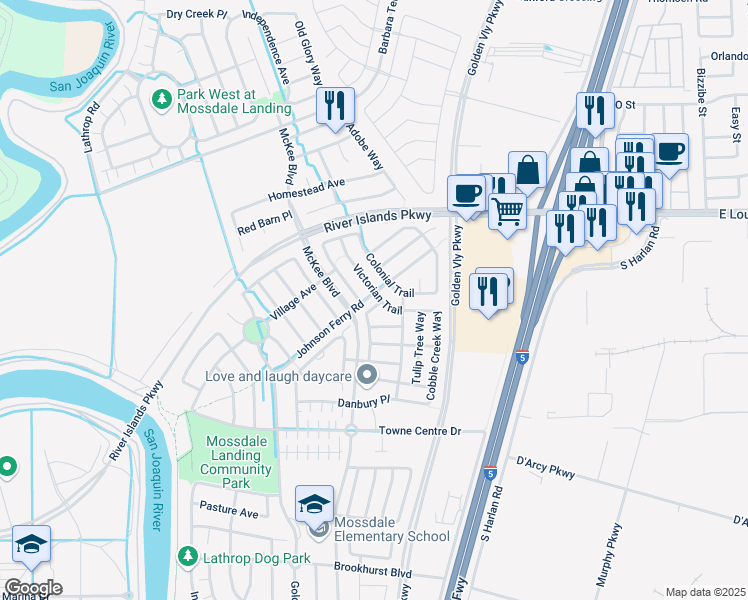 map of restaurants, bars, coffee shops, grocery stores, and more near 16801 Shady Mill Way in Lathrop