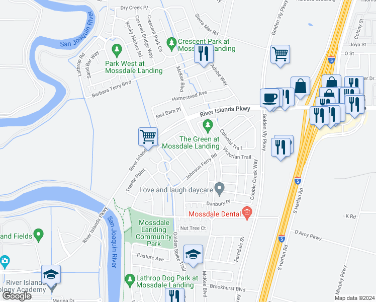 map of restaurants, bars, coffee shops, grocery stores, and more near 16800 Forty Niner Trail in Lathrop