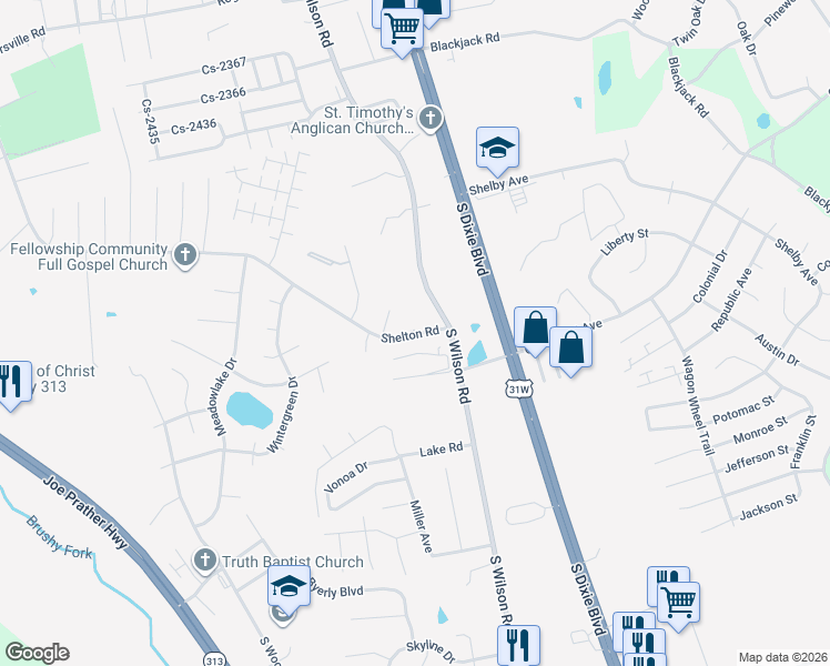 map of restaurants, bars, coffee shops, grocery stores, and more near 123 Shelton Road in Radcliff