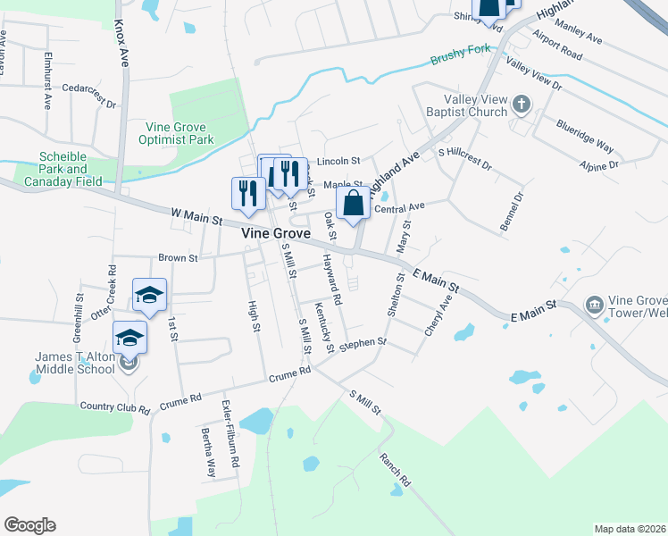 map of restaurants, bars, coffee shops, grocery stores, and more near 200-298 Hayward Road in Vine Grove