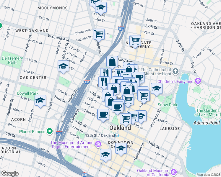 map of restaurants, bars, coffee shops, grocery stores, and more near 601 William Street in Oakland