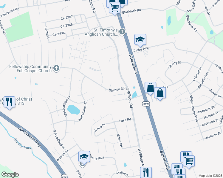 map of restaurants, bars, coffee shops, grocery stores, and more near 100 Shelton Road in Radcliff