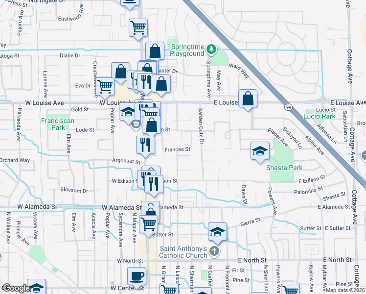 map of restaurants, bars, coffee shops, grocery stores, and more near 329 Frances Street in Manteca