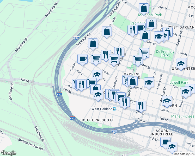 map of restaurants, bars, coffee shops, grocery stores, and more near 935 Campbell Street in Oakland