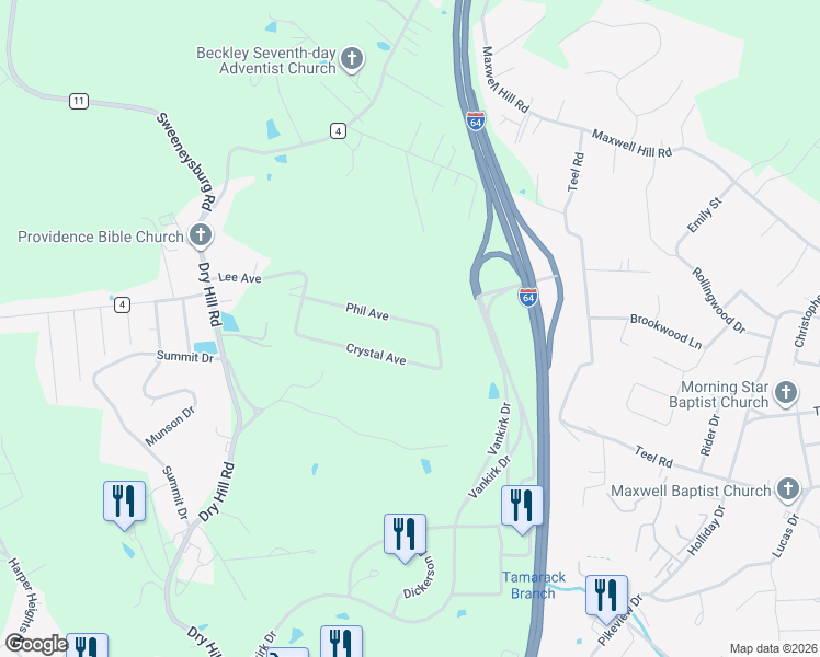 map of restaurants, bars, coffee shops, grocery stores, and more near 212 Phil Avenue in Beckley