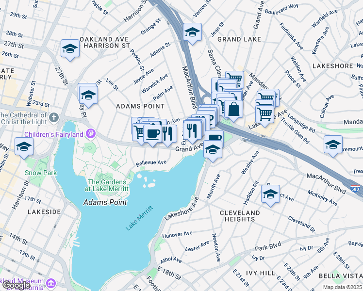 map of restaurants, bars, coffee shops, grocery stores, and more near 401 Burk Street in Oakland
