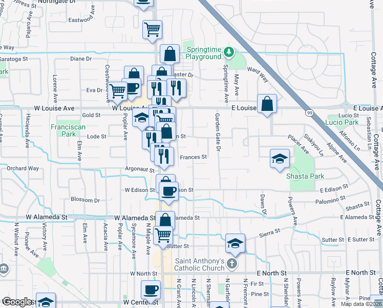 map of restaurants, bars, coffee shops, grocery stores, and more near 329 Frances Street in Manteca