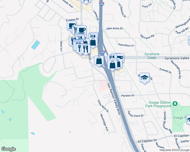 map of restaurants, bars, coffee shops, grocery stores, and more near 200 Morris Ranch Road in Danville