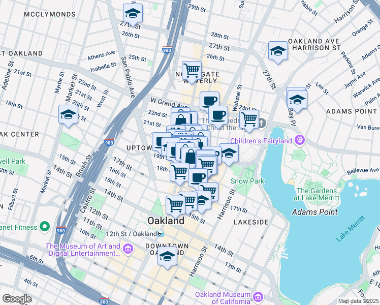 map of restaurants, bars, coffee shops, grocery stores, and more near in Oakland