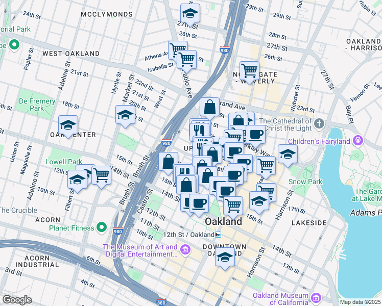 map of restaurants, bars, coffee shops, grocery stores, and more near 1888 Martin Luther King Junior Way in Oakland
