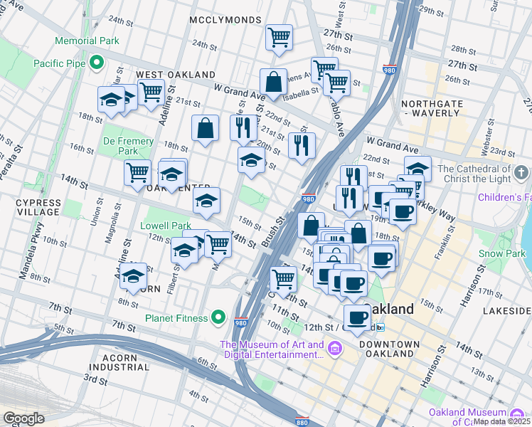 map of restaurants, bars, coffee shops, grocery stores, and more near in Oakland