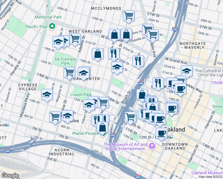 map of restaurants, bars, coffee shops, grocery stores, and more near 1520 Market Street in Oakland