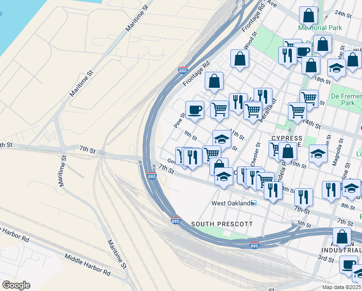 map of restaurants, bars, coffee shops, grocery stores, and more near 835 Wood Street in Oakland